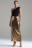 Sparkly One Shoulder Sheath Black and Gold Sequins Long Evening Dress with Bow