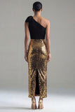 Sparkly One Shoulder Sheath Black and Gold Sequins Long Evening Dress with Bow