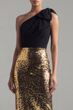 Sparkly One Shoulder Sheath Black and Gold Sequins Long Evening Dress with Bow