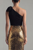 Sparkly One Shoulder Sheath Black and Gold Sequins Long Evening Dress with Bow