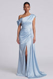 Mermaid Sky Blue Ruched Asymmetrical Neck Maxi Dress with Slit