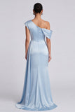 Mermaid Sky Blue Ruched Asymmetrical Neck Maxi Dress with Slit