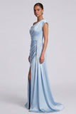 Mermaid Sky Blue Ruched Asymmetrical Neck Maxi Dress with Slit