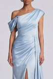 Mermaid Sky Blue Ruched Asymmetrical Neck Maxi Dress with Slit