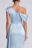 Mermaid Sky Blue Ruched Asymmetrical Neck Maxi Dress with Slit