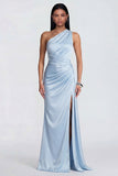 One Shoulder Mermaid Sky Blue Ruched Maxi Satin Dress