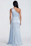 One Shoulder Mermaid Sky Blue Ruched Maxi Satin Dress