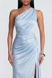 One Shoulder Mermaid Sky Blue Ruched Maxi Satin Dress