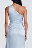 One Shoulder Mermaid Sky Blue Ruched Maxi Satin Dress