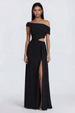 A Line Cut Out Asymmetrical Neck Long Black Tie Dress with Slit