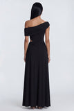 A Line Cut Out Asymmetrical Neck Long Black Tie Dress with Slit