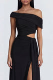 A Line Cut Out Asymmetrical Neck Long Black Tie Dress with Slit