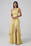 Yellow Ruffled A Line One Shoulder Maxi Dress with Slit
