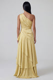 Yellow Ruffled A Line One Shoulder Maxi Dress with Slit