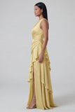 Yellow Ruffled A Line One Shoulder Maxi Dress with Slit