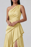 Yellow Ruffled A Line One Shoulder Maxi Dress with Slit