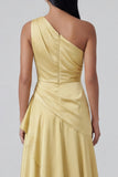 Yellow Ruffled A Line One Shoulder Maxi Dress with Slit