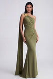 Olive Mermaid One Shoulder Long Evening Dress with Streamer