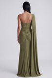 Olive Mermaid One Shoulder Long Evening Dress with Streamer