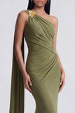 Olive Mermaid One Shoulder Long Evening Dress with Streamer