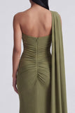 Olive Mermaid One Shoulder Long Evening Dress with Streamer
