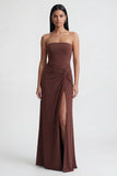 Strapless Brown Ruched Sheath Long Evening with Slit
