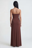 Strapless Brown Ruched Sheath Long Evening with Slit