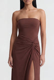 Strapless Brown Ruched Sheath Long Evening with Slit