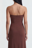 Strapless Brown Ruched Sheath Long Evening with Slit