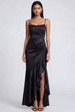 Black Sheath Spaghetti Straps Satin Evening Dress with Ruffle Slit