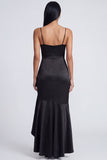 Black Sheath Spaghetti Straps Satin Evening Dress with Ruffle Slit