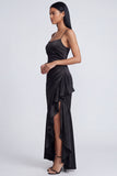 Black Sheath Spaghetti Straps Satin Evening Dress with Ruffle Slit