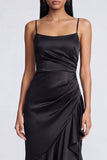 Black Sheath Spaghetti Straps Satin Evening Dress with Ruffle Slit