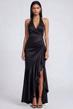 Halter Black Sheath Ruffled Satin Long Evening Dress