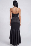 Halter Black Sheath Ruffled Satin Long Evening Dress