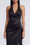 Halter Black Sheath Ruffled Satin Long Evening Dress