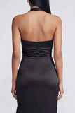 Halter Black Sheath Ruffled Satin Long Evening Dress