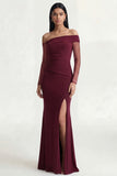 Burgundy Off The Shoulder Mermaid Long Evening Dress with Slit