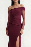 Burgundy Off The Shoulder Mermaid Long Evening Dress with Slit