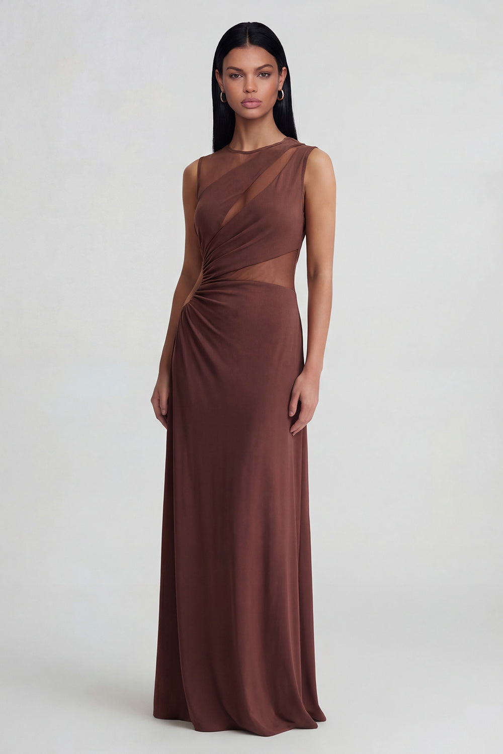 ZAPAKA Women Brown Evening Dress Sheath Round Neck Illusion Long