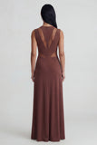 Brown Sheath Round Neck Long Evening Dress
