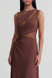 Brown Sheath Round Neck Long Evening Dress