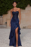 Navy Strapless Sequin Ruffled Mermaid Evening Dress with Slit