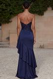 Navy Strapless Sequin Ruffled Mermaid Evening Dress with Slit