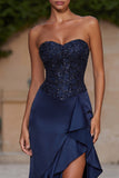 Navy Strapless Sequin Ruffled Mermaid Evening Dress with Slit