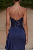 Navy Strapless Sequin Ruffled Mermaid Evening Dress with Slit