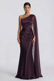 One Shoulder Cabernet Mermaid Elegant Evening Dress with Side Streamer