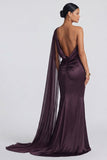 One Shoulder Cabernet Mermaid Elegant Evening Dress with Side Streamer