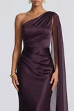 One Shoulder Cabernet Mermaid Elegant Evening Dress with Side Streamer