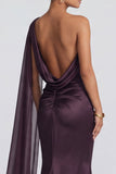 One Shoulder Cabernet Mermaid Elegant Evening Dress with Side Streamer